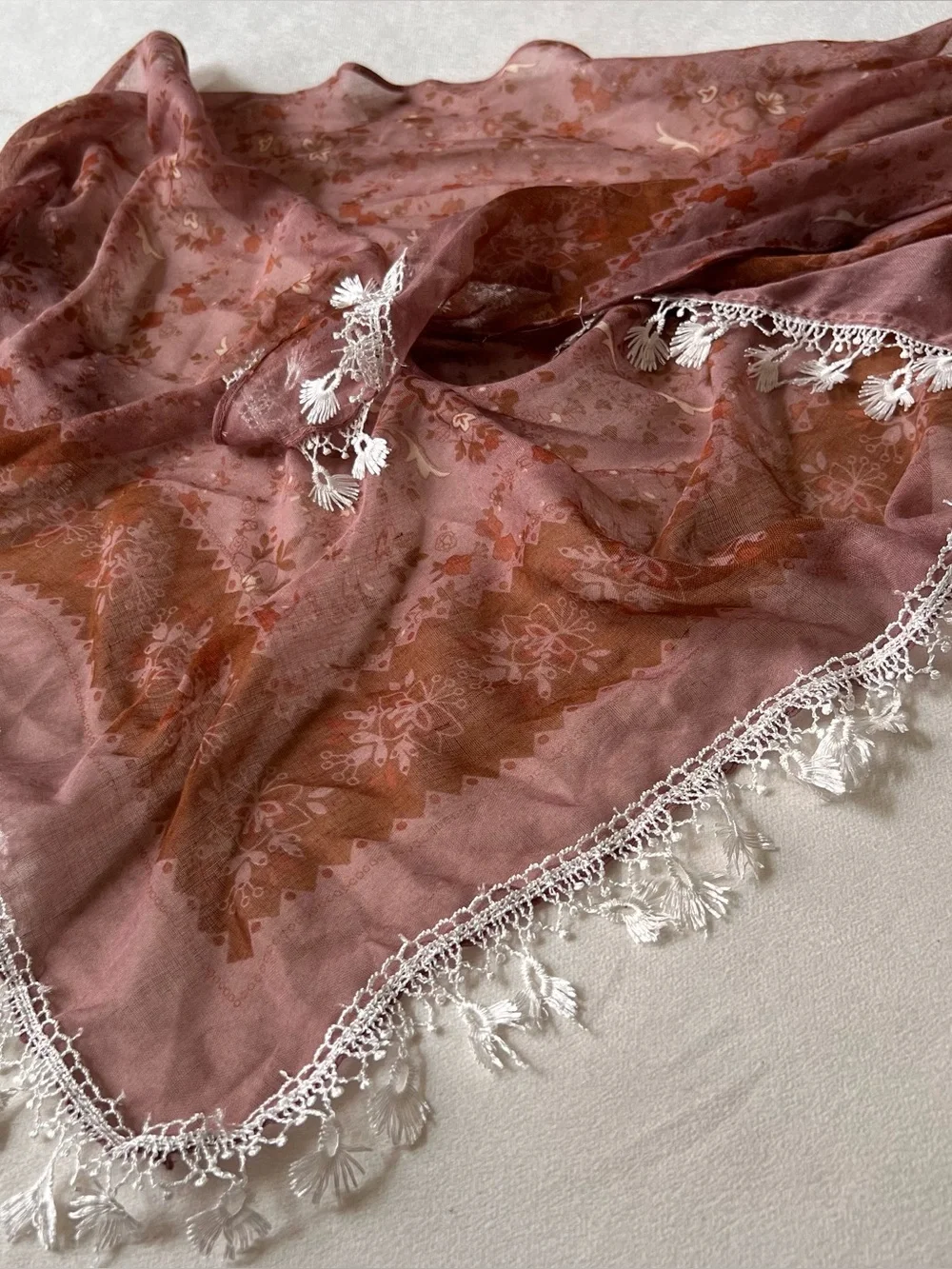 Women's hip scarf bag accessory Floral lace trim sheer Scarf - Pink Brown Y2K
